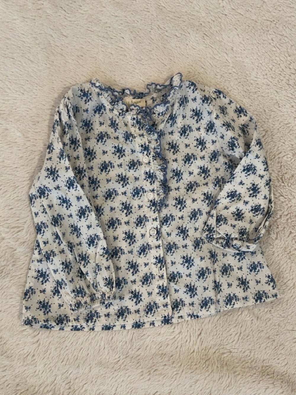 Petit Sézane Baby Floral Ruffle Button Front Blouse Top 24M Blue White Cotton
